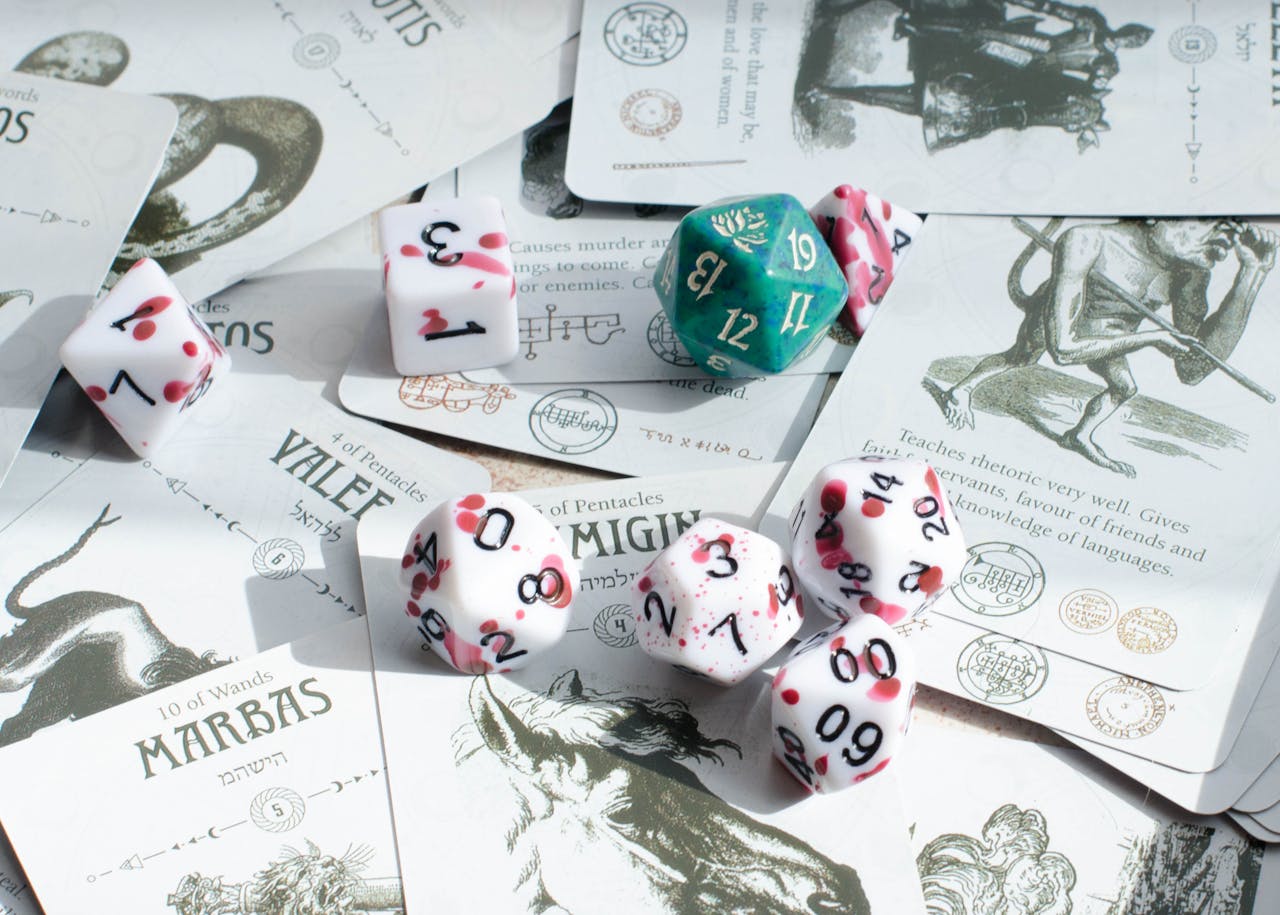 Tarot cards and gaming dice scattered, a blend of mysticism and tabletop gaming.